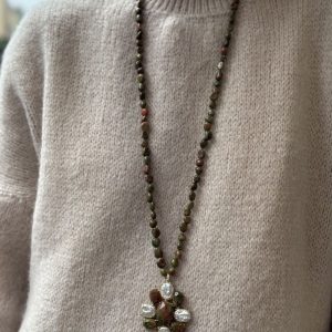 SAUTOIR PIERRE NATURELLE - FLEUR - KAKI