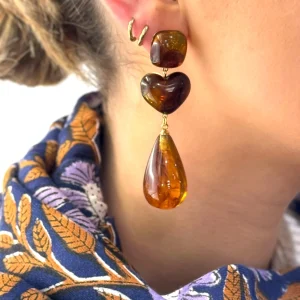 BOUCLE D'OREILLE PENDANTE - COEUR - AMBRE