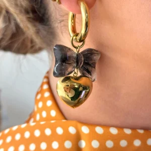 BOUCLE D'OREILLE NOEUD ET COEUR GRIS