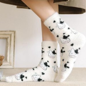 Chaussettes longues à motifs pelucheuses vache