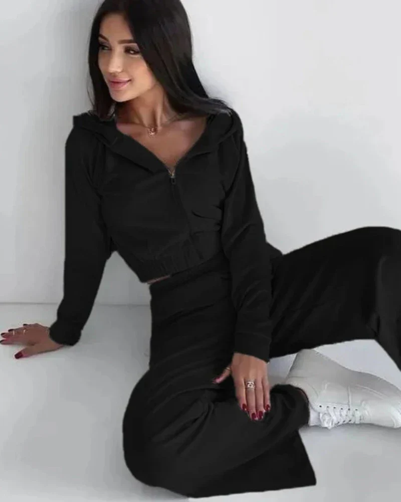 Ensemble de survêtement en velours loose avec sweat-shirt court – Image 3