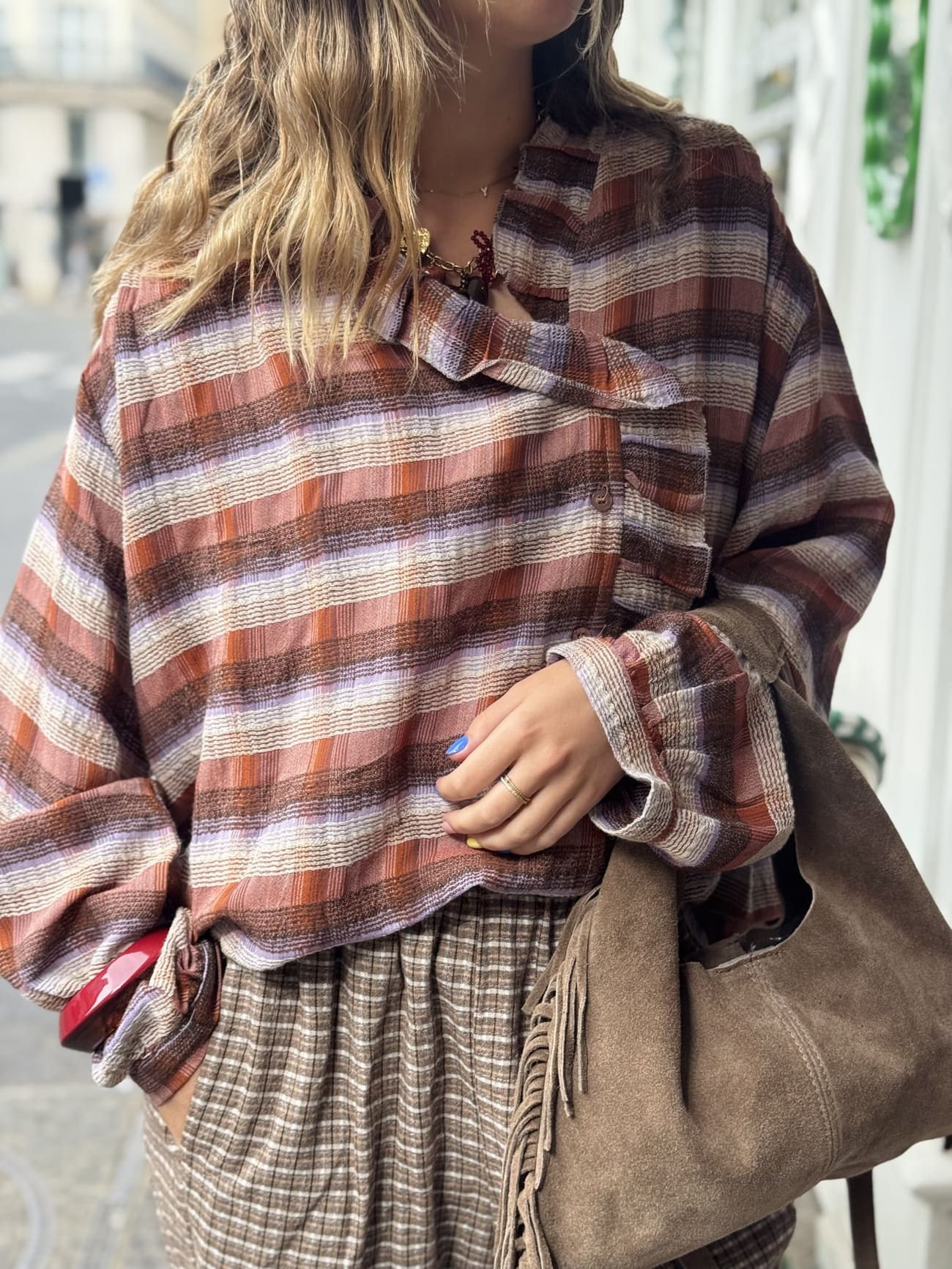 CHEMISE FEMME A CARREAUX ROSE ET BRUN - JANE – Image 3