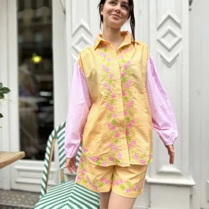 CHEMISE BRODEE  VICHY JAUNE ET ROSE - AUDREY