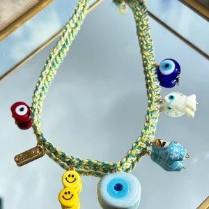 COLLIER KCHOUSH CHARMS GUERISON ET ABONDANCE SUR CORDON TRESSE