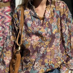 BLOUSE COL V FLEURS MARRON