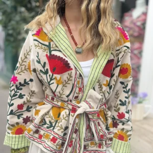 VESTE VELOURS BLANCHE BRODEE