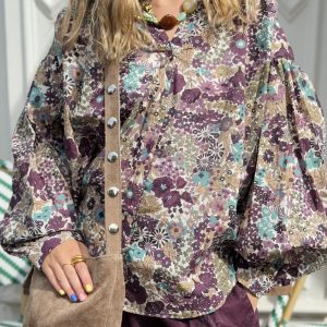 CHEMISE FLEURS BLEU KAKI