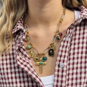 COLLIER BRELOQUE ANNEAUX CROIX ET VIERGE