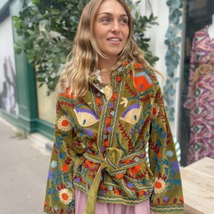 VESTE VELOURS VERTE BRODEE